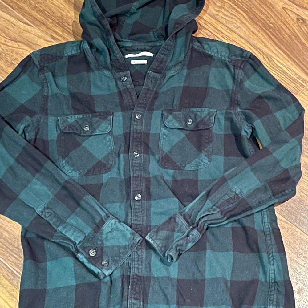TNA plaid button down shirt with hood, size XS